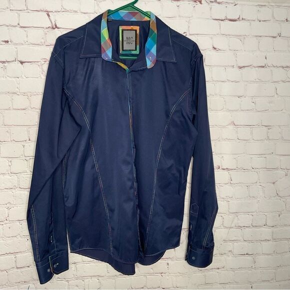 Mens MIZUMI Casual Shirt Navy Blue with Plaid Trim Classic Fit‎ Button Front XL - Picture 2 of 8